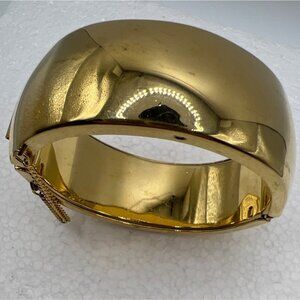Chunky Clamper Bangle Bracelet Hinged Sz 6.25 Oval Mirror Gold Tone Safety Chain